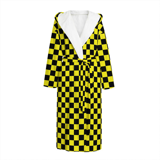 Yellow And Black Checkered Pattern Print Hooded Bathrobe