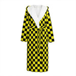 Yellow And Black Checkered Pattern Print Hooded Bathrobe