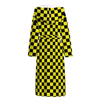 Yellow And Black Checkered Pattern Print Hooded Bathrobe