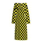 Yellow And Black Checkered Pattern Print Hooded Bathrobe