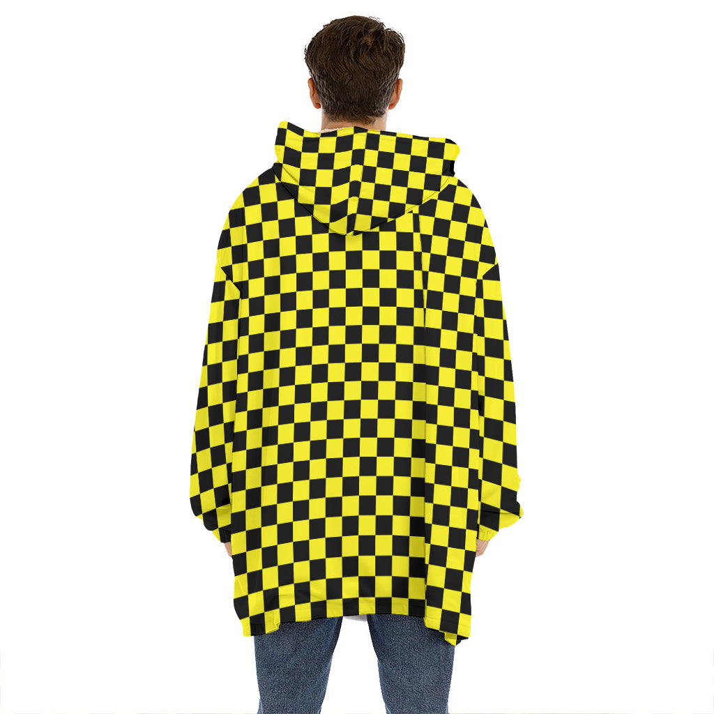 Yellow And Black Checkered Pattern Print Hoodie Blanket