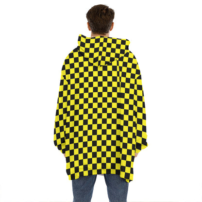 Yellow And Black Checkered Pattern Print Hoodie Blanket