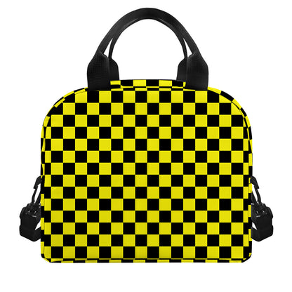 Yellow And Black Checkered Pattern Print Insulated Lunch Bag