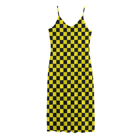 Yellow And Black Checkered Pattern Print Jersey Midi Cami Dress