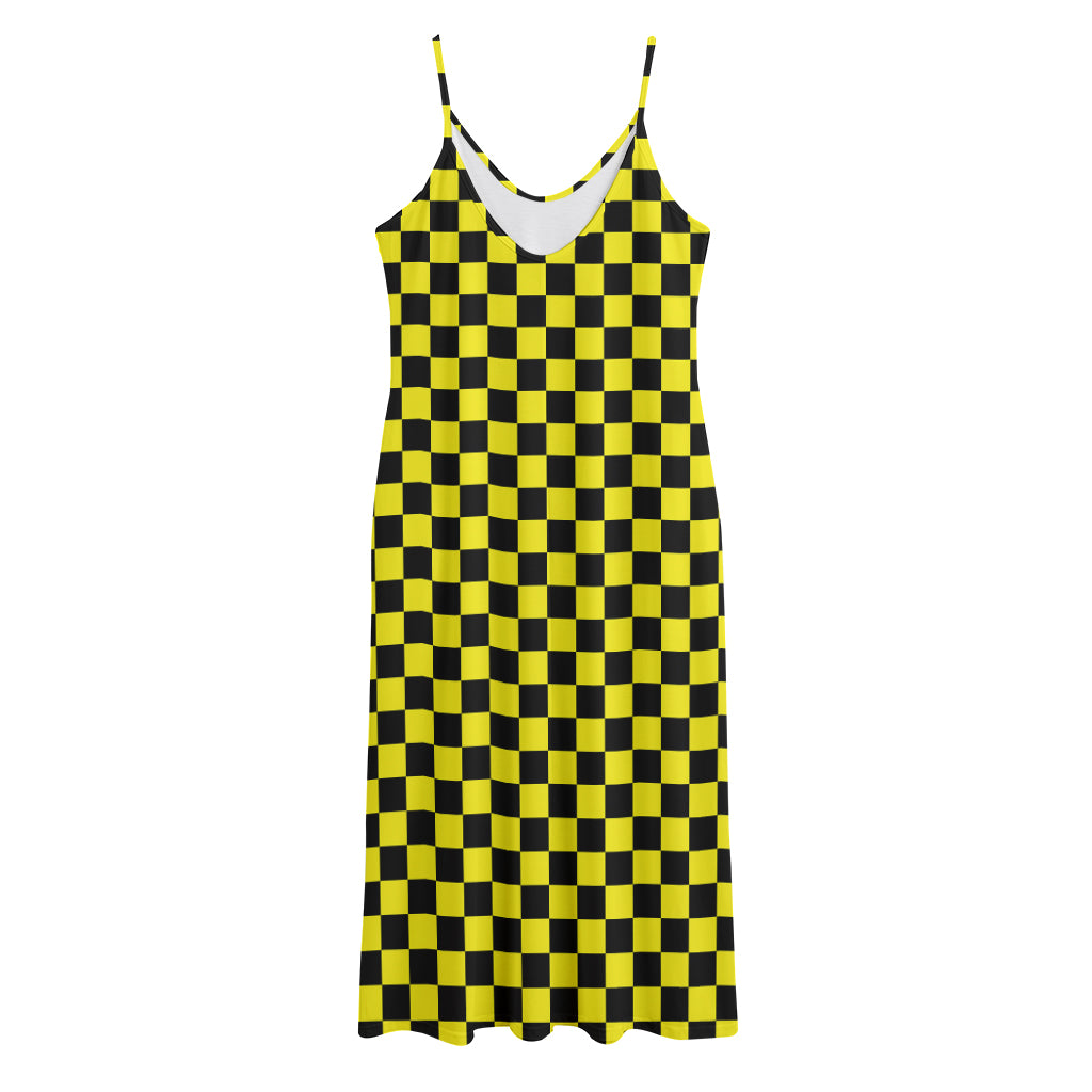 Yellow And Black Checkered Pattern Print Jersey Midi Cami Dress