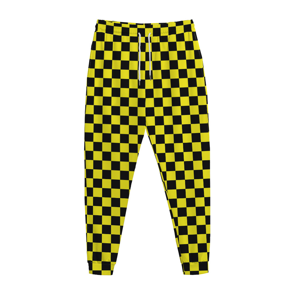 Yellow And Black Checkered Pattern Print Jogger Pants