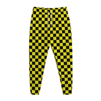 Yellow And Black Checkered Pattern Print Jogger Pants