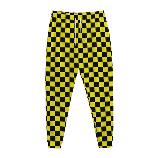 Yellow And Black Checkered Pattern Print Jogger Pants
