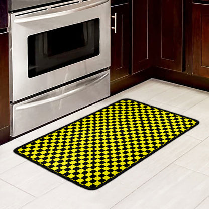 Yellow And Black Checkered Pattern Print Kitchen Mat