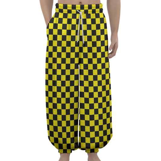 Yellow And Black Checkered Pattern Print Lantern Pants