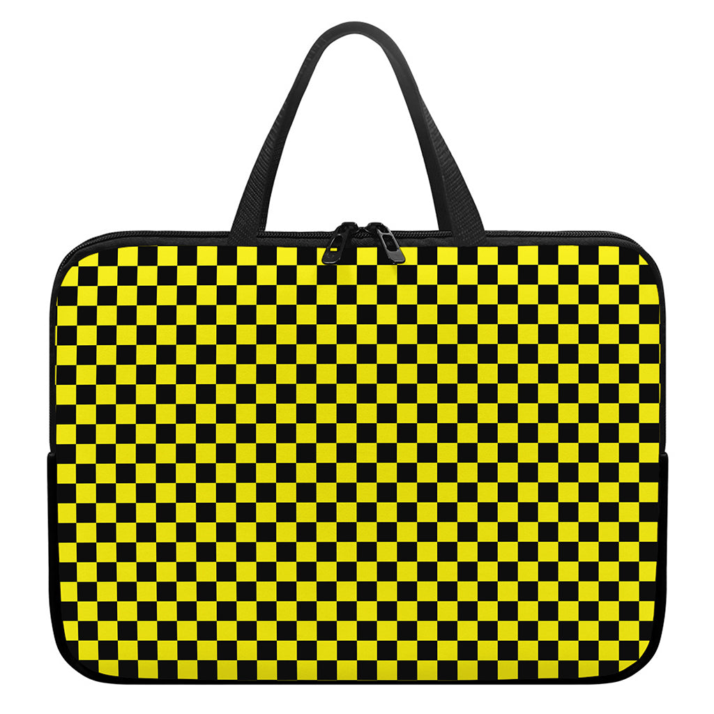 Yellow And Black Checkered Pattern Print Laptop Sleeve With Handle