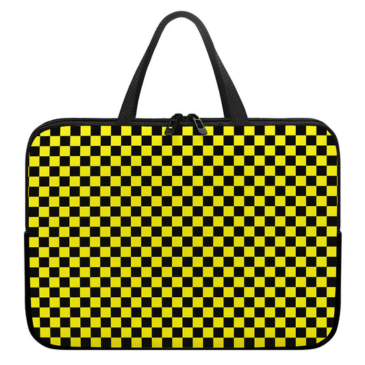 Yellow And Black Checkered Pattern Print Laptop Sleeve With Handle