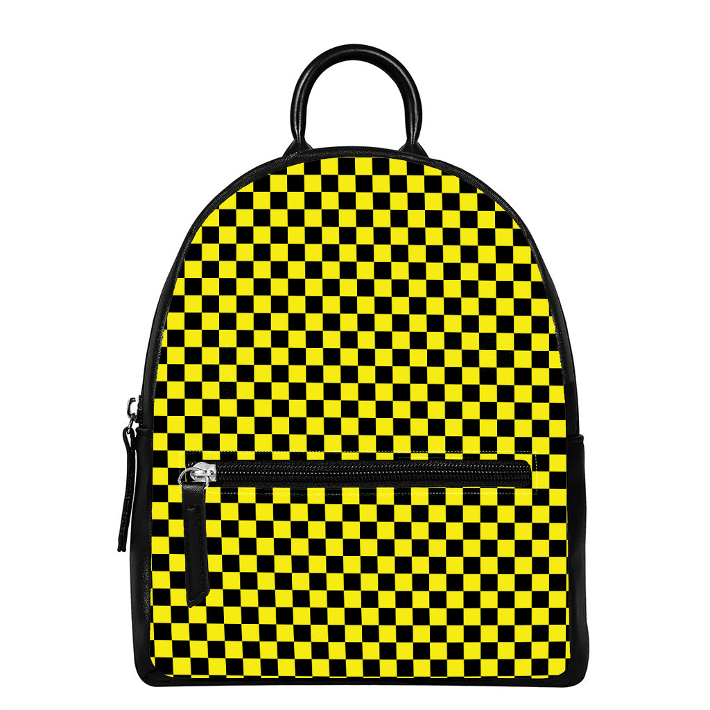 Yellow And Black Checkered Pattern Print Leather Backpack
