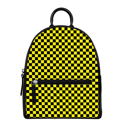 Yellow And Black Checkered Pattern Print Leather Backpack