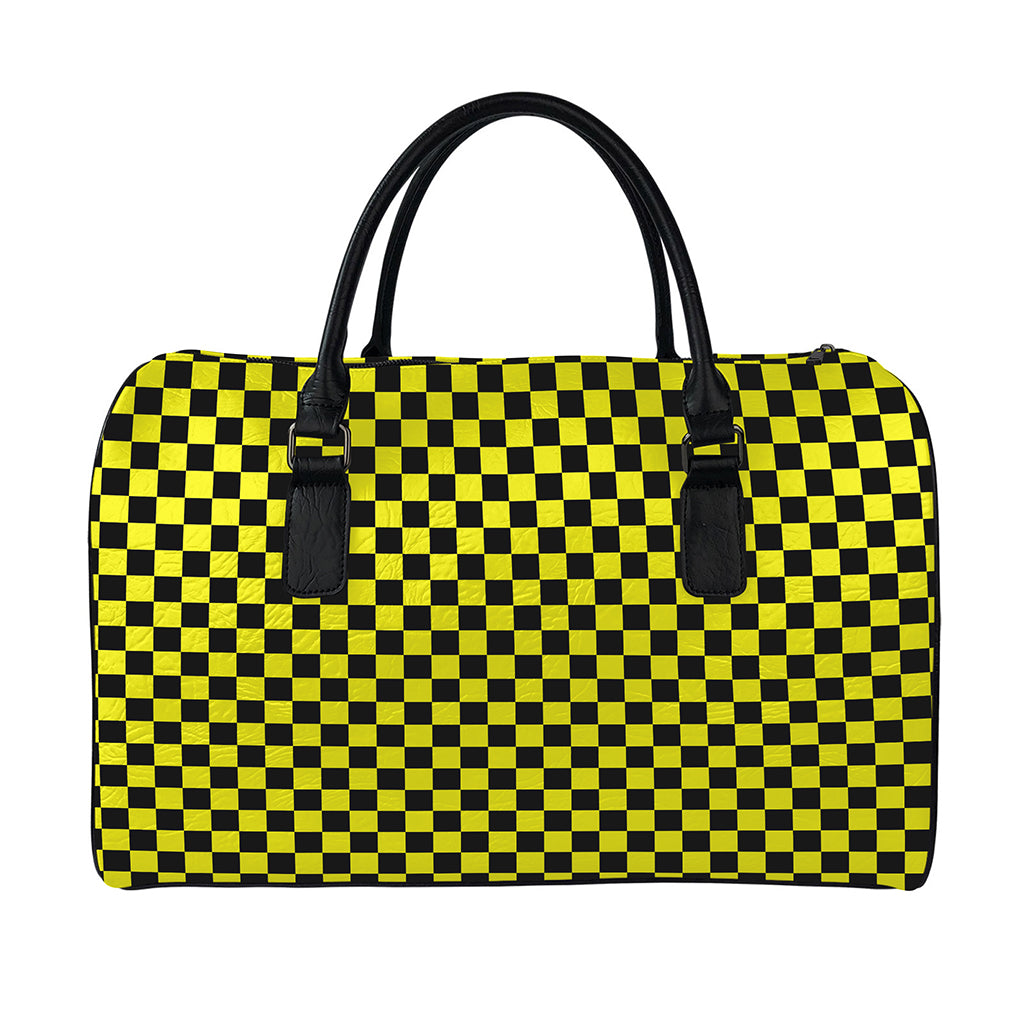Yellow And Black Checkered Pattern Print Leather Duffle Bag