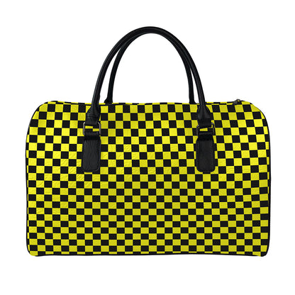 Yellow And Black Checkered Pattern Print Leather Duffle Bag