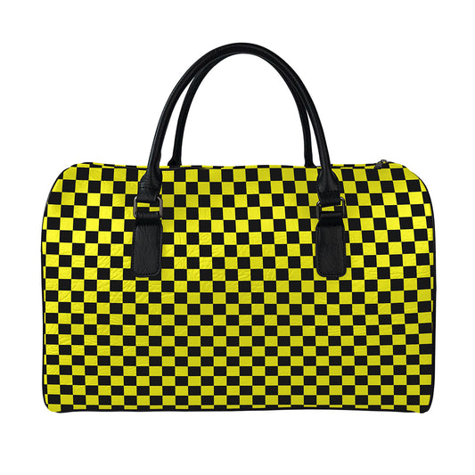 Yellow And Black Checkered Pattern Print Leather Duffle Bag