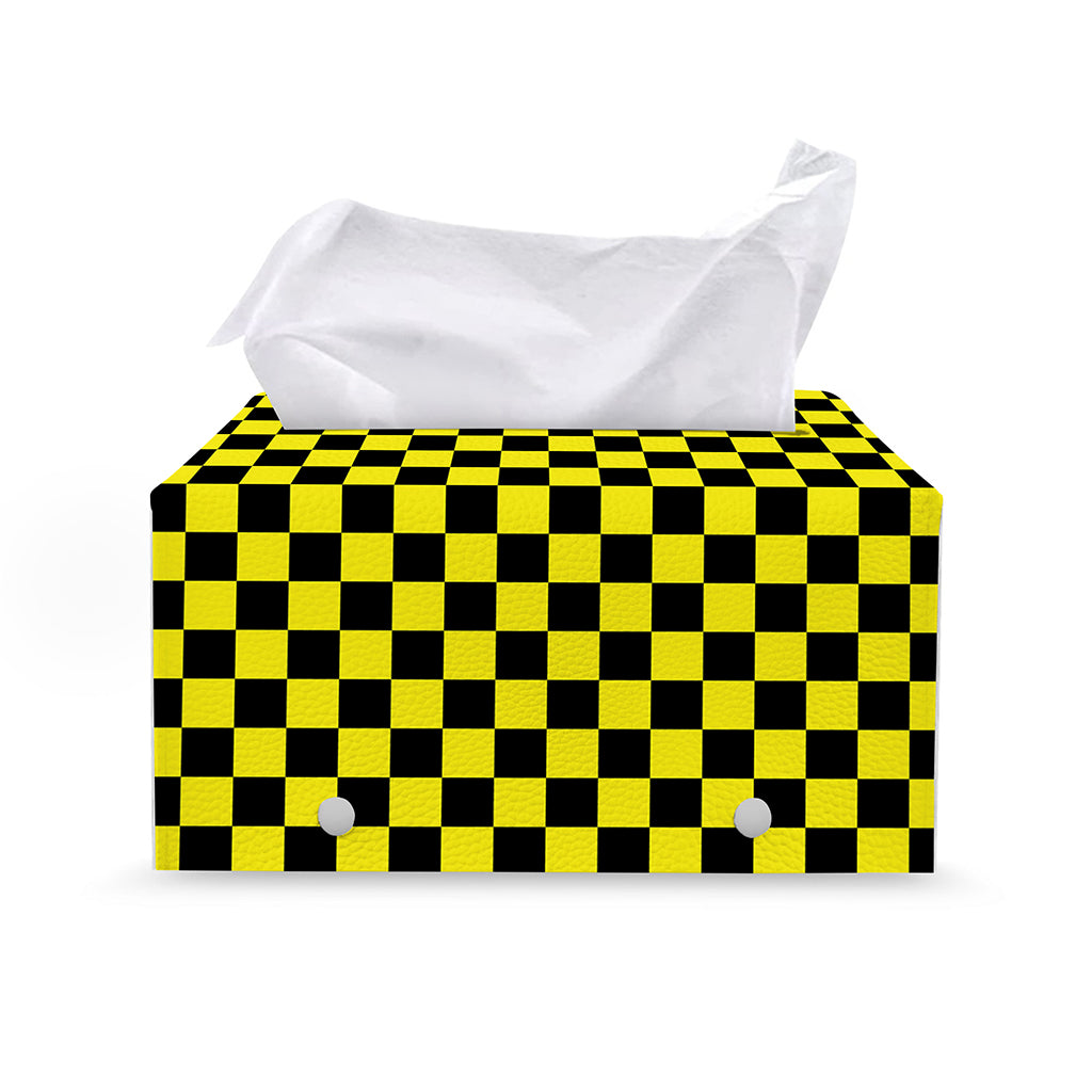Yellow And Black Checkered Pattern Print Leather Tissue Box Cover