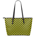 Yellow And Black Checkered Pattern Print Leather Tote Bag With Zipper