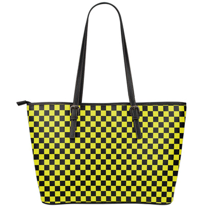 Yellow And Black Checkered Pattern Print Leather Tote Bag