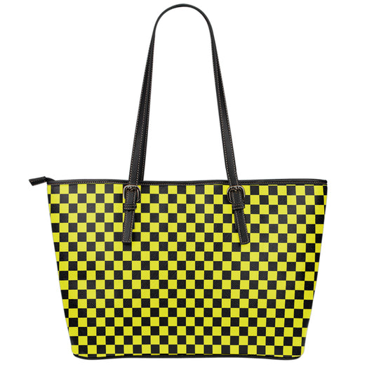 Yellow And Black Checkered Pattern Print Leather Tote Bag