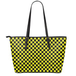Yellow And Black Checkered Pattern Print Leather Tote Bag