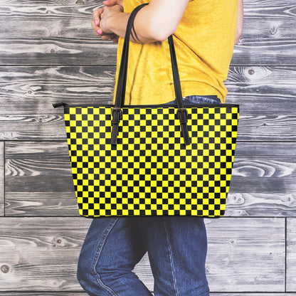 Yellow And Black Checkered Pattern Print Leather Tote Bag