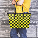 Yellow And Black Checkered Pattern Print Leather Tote Bag