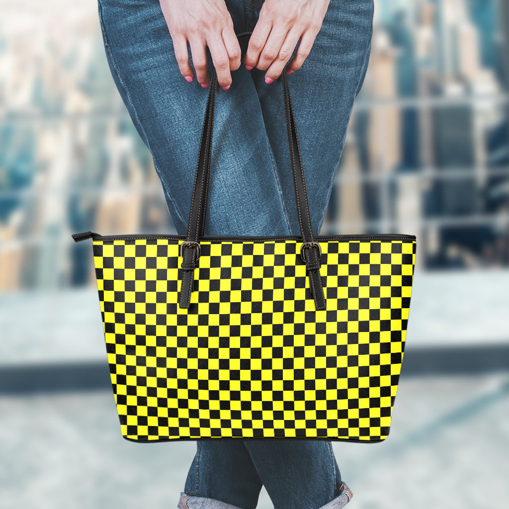 Yellow And Black Checkered Pattern Print Leather Tote Bag