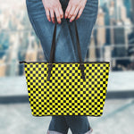 Yellow And Black Checkered Pattern Print Leather Tote Bag