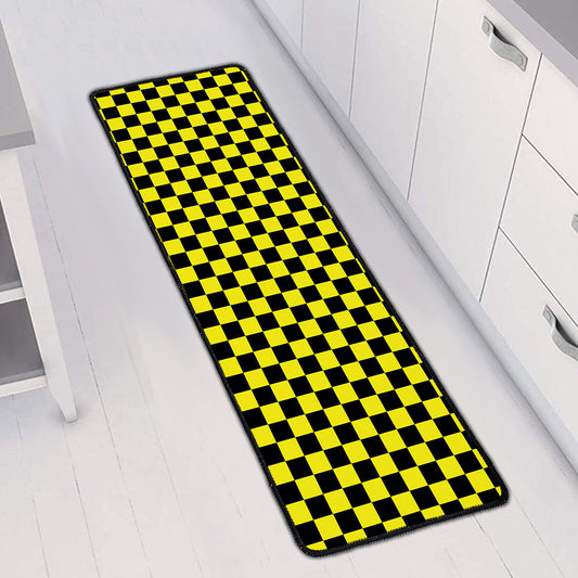 Yellow And Black Checkered Pattern Print Long Kitchen Mat