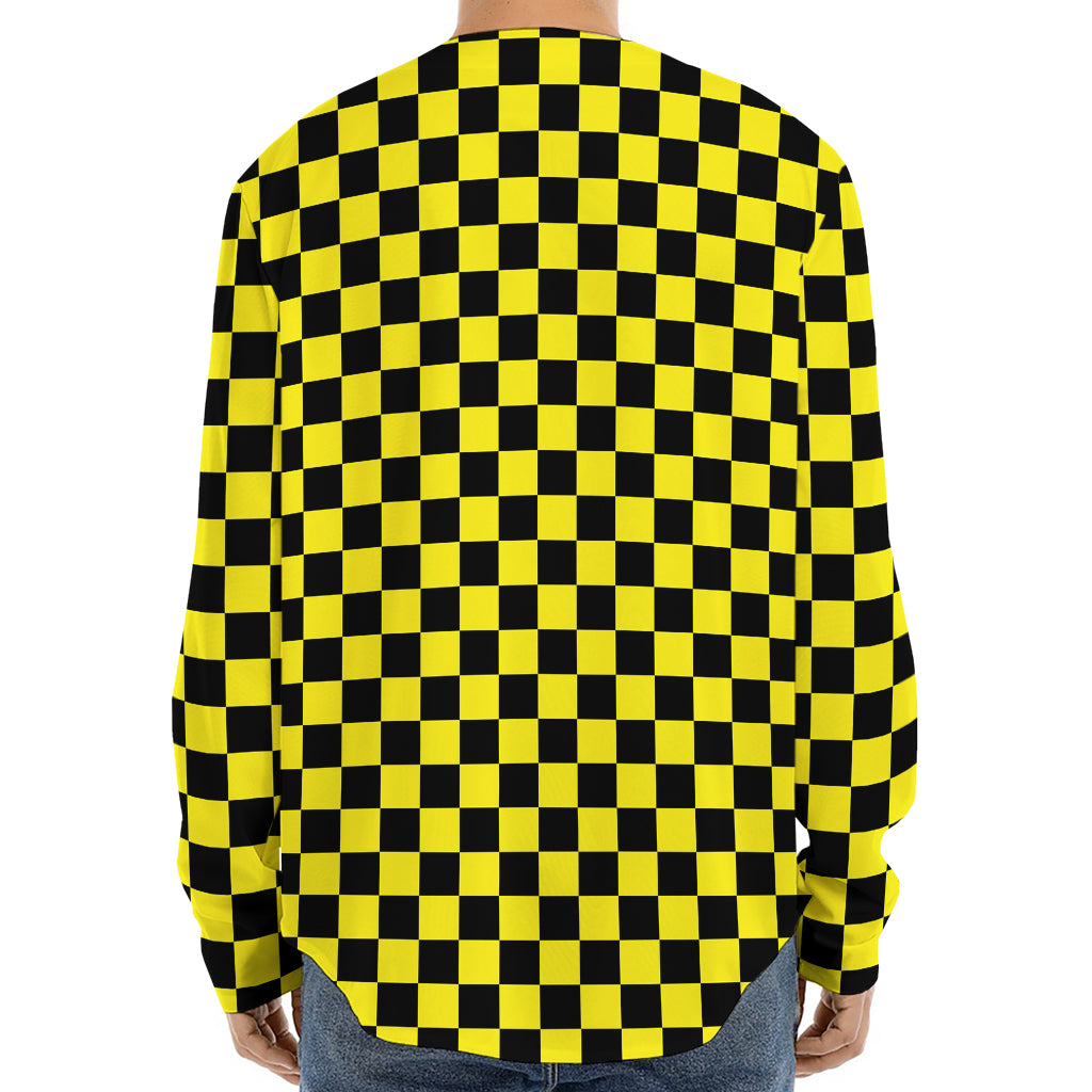 Yellow And Black Checkered Pattern Print Long Sleeve Baseball Jersey