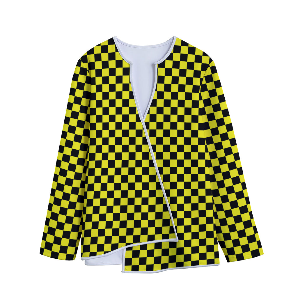 Yellow And Black Checkered Pattern Print Long Sleeve Short Coat