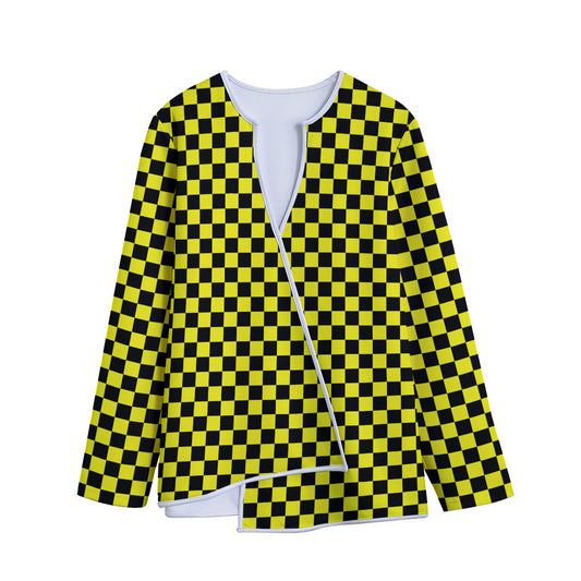 Yellow And Black Checkered Pattern Print Long Sleeve Short Coat