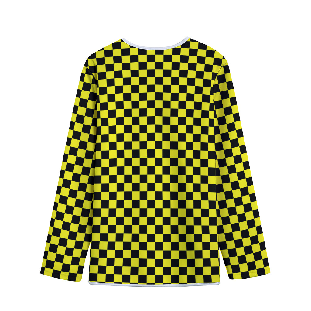 Yellow And Black Checkered Pattern Print Long Sleeve Short Coat