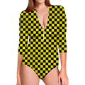 Yellow And Black Checkered Pattern Print Long Sleeve Swimsuit