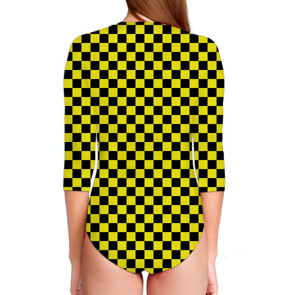 Yellow And Black Checkered Pattern Print Long Sleeve Swimsuit