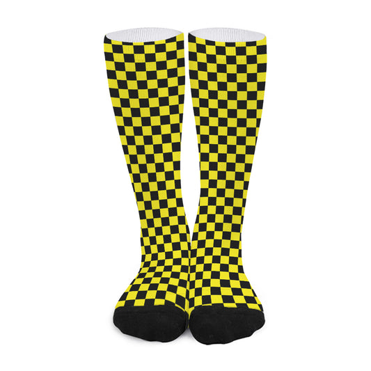 Yellow And Black Checkered Pattern Print Long Socks