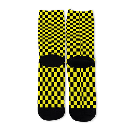 Yellow And Black Checkered Pattern Print Long Socks