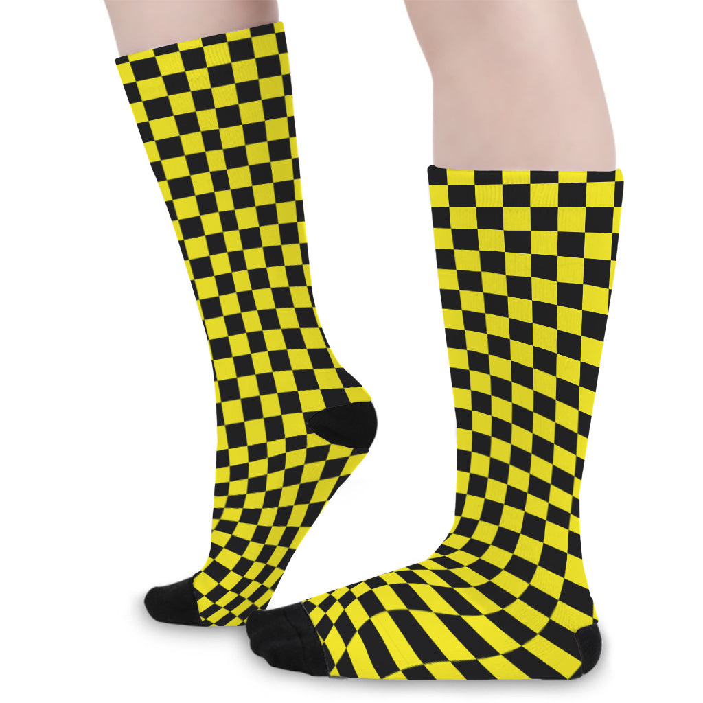 Yellow And Black Checkered Pattern Print Long Socks