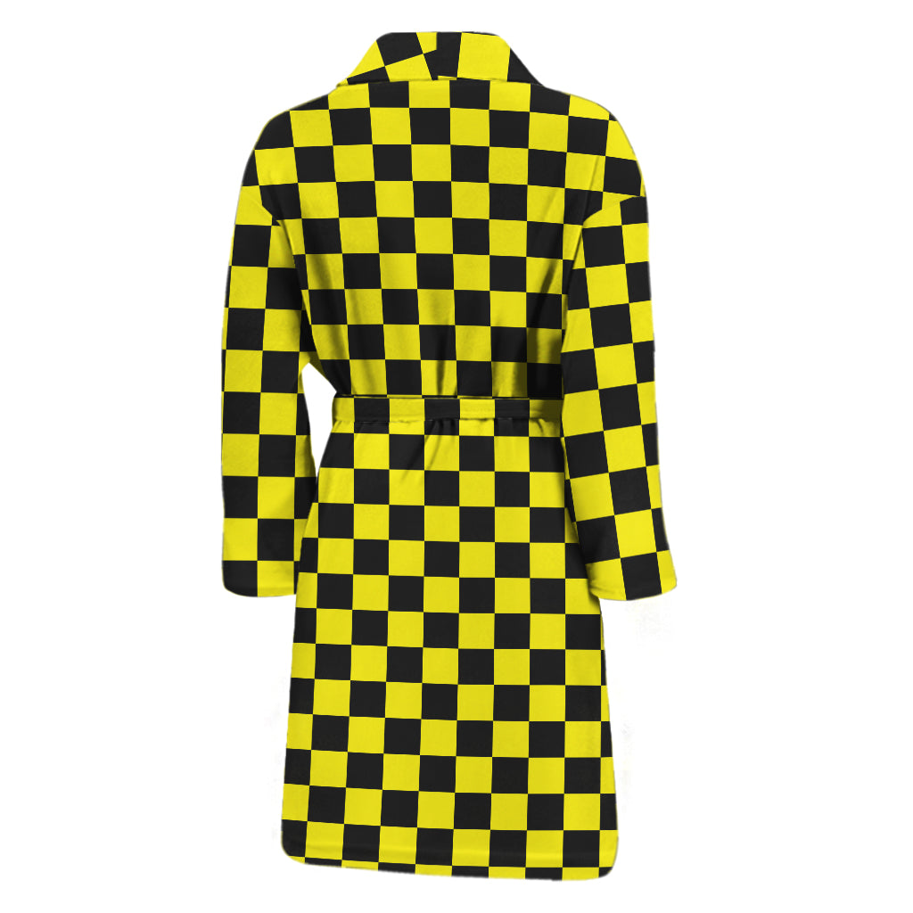 Yellow And Black Checkered Pattern Print Men's Bathrobe