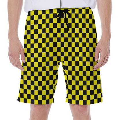 Yellow And Black Checkered Pattern Print Men's Beach Shorts
