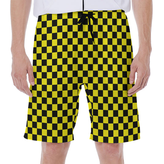 Yellow And Black Checkered Pattern Print Men's Beach Shorts