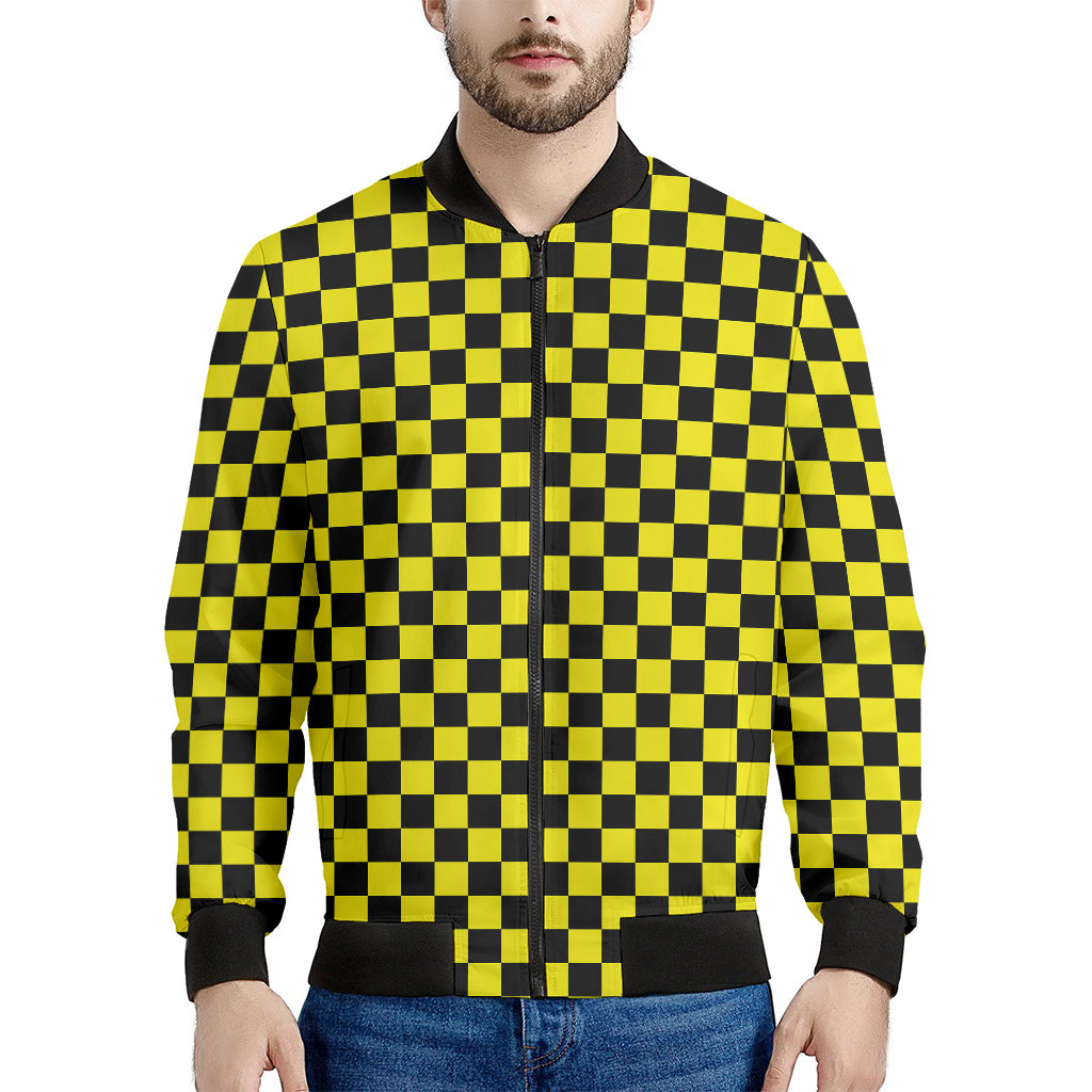 Yellow And Black Checkered Pattern Print Men's Bomber Jacket