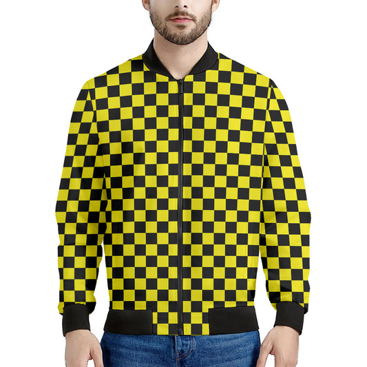 Yellow And Black Checkered Pattern Print Men's Bomber Jacket