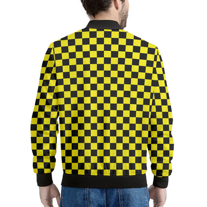 Yellow And Black Checkered Pattern Print Men's Bomber Jacket