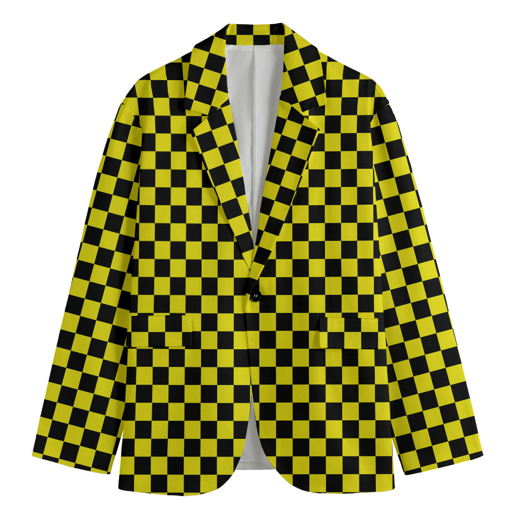 Yellow And Black Checkered Pattern Print Men's Cotton Blazer