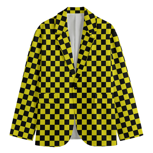 Yellow And Black Checkered Pattern Print Men's Cotton Blazer