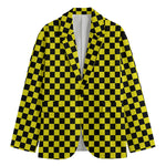Yellow And Black Checkered Pattern Print Men's Cotton Blazer