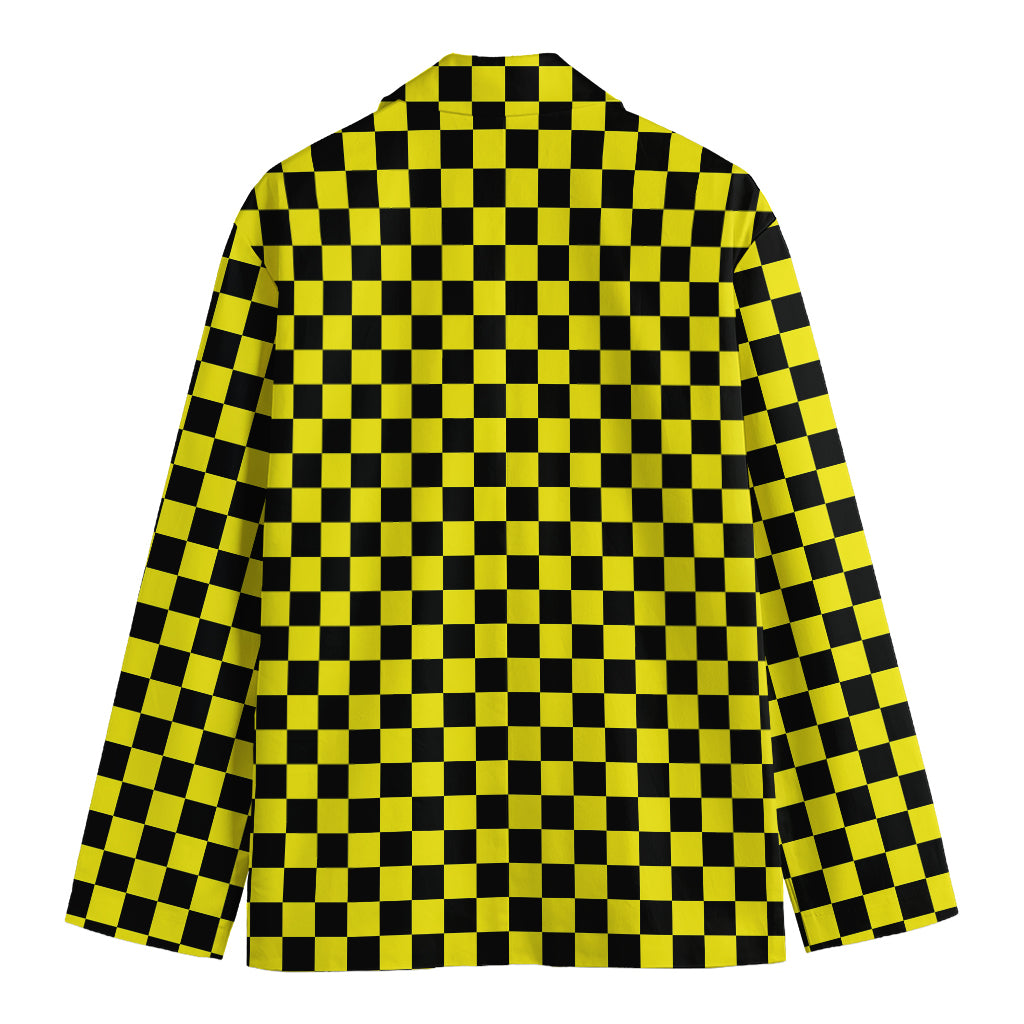 Yellow And Black Checkered Pattern Print Men's Cotton Blazer